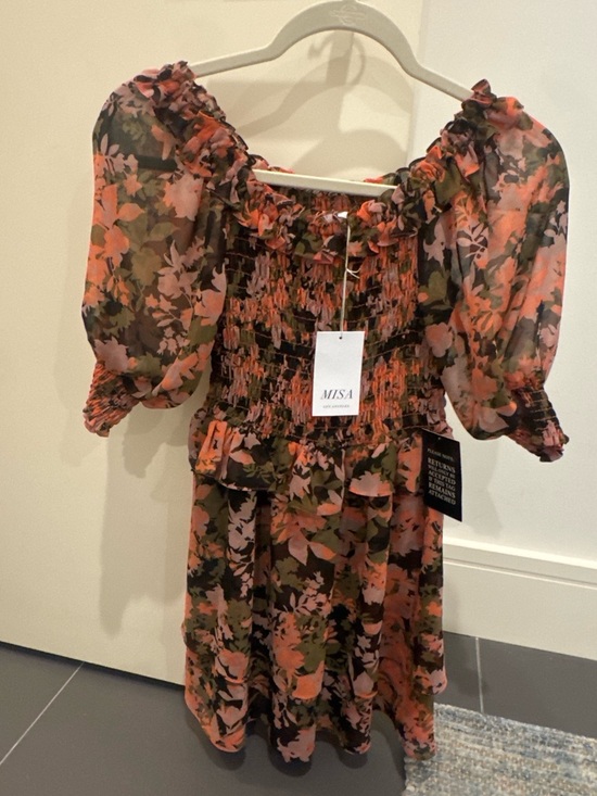 Misa Los Angeles Dresses & Skirts - Misa Los Angeles Coral & Olive Floral Puff-Sleeve Dress